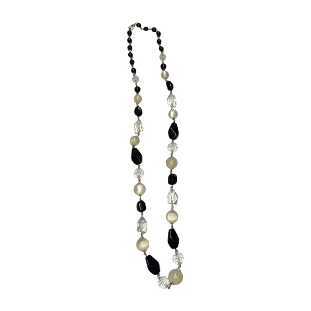 Vintage Faceted Faux Pearl, Onyx and Crystal Beaded Necklace Statement Jewelry - Picture 4 of 6